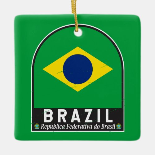 Brazil Flag Emblem Distressed Vintage Ceramic Ornament