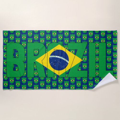 Brazil Flag Escutcheon Tiled Green Yellow Blue Beach Towel