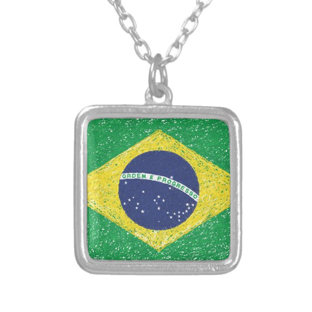 Brazil Flag *Hand-sketch* Brazilian Silver Plated Necklace (Front)