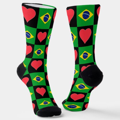 Brazil Flag Heart Pattern Fun Brazilian Patriotic Socks