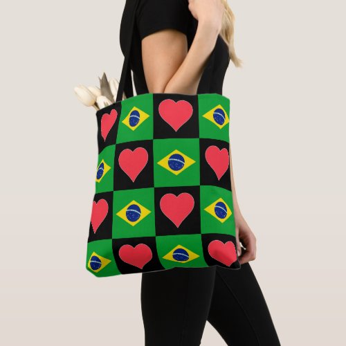 Brazil Flag Heart Pattern Patriotic Brazilian Tote Bag