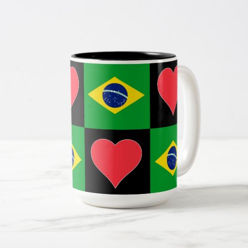 Brazil Flag Heart Pattern Patriotic Brazilian Two_Tone Coffee Mug
