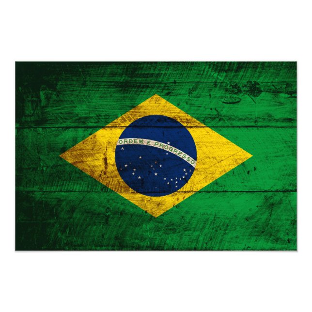 Brazil Flag on Old Wood Grain Photo Print (Front)