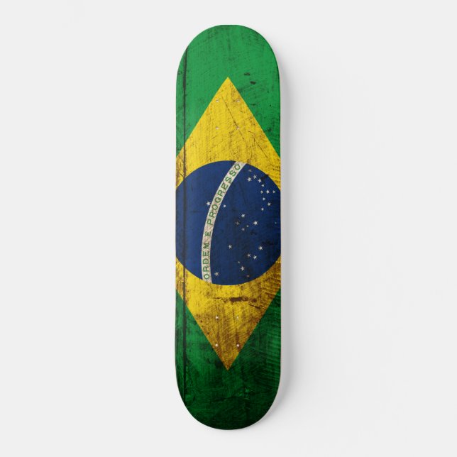 Brazil Flag on Old Wood Grain Skateboard (Front)