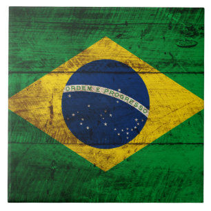 Brazil Flag on Old Wood Grain Tile