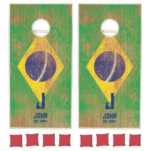 Brazil Flag Personalized Name And Monogram Wood Cornhole Set