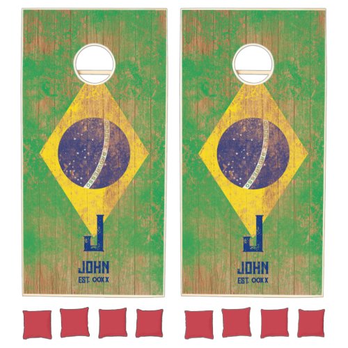 Brazil Flag Personalized Name And Monogram Wood Cornhole Set