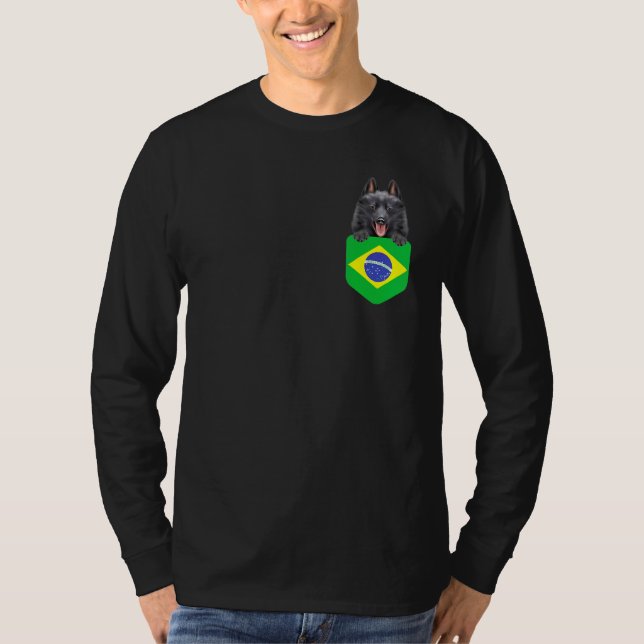 Brazil Flag Schipperke Dog In Pocket T-Shirt (Front)