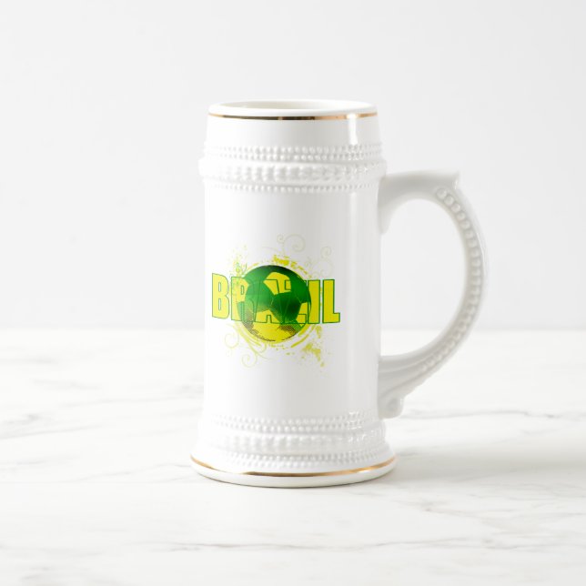 Brazil grunge logo soccer ball futebol fans gifts beer stein (Right)