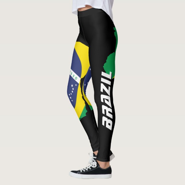 Brazil Map Brazilian Flag White Letters On black Leggings (Left)