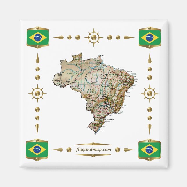 Brazil Map + Flags Magnet (Front)
