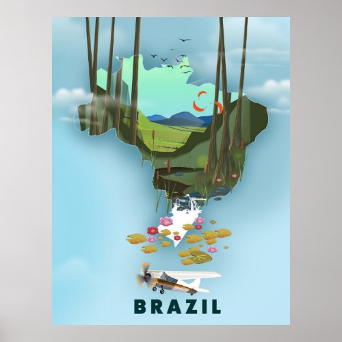 Brazil map Illustrated travel poster