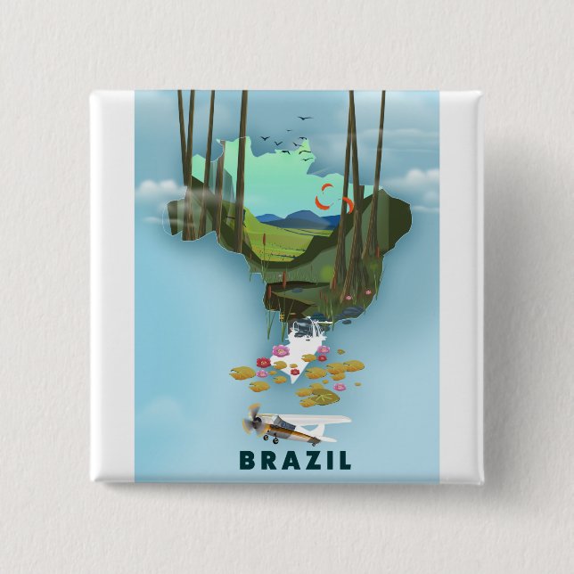 Brazil map Illustrated travel poster Button (Front)