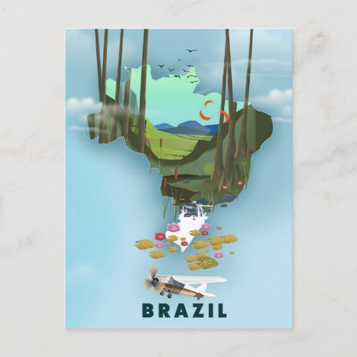 Brazil map Illustrated travel poster Postcard