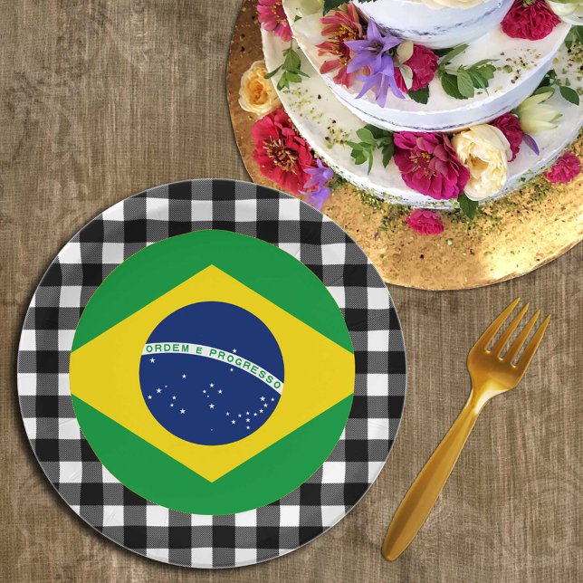 Brazil Plate, buffalo plaid & Brazilian Flag Paper Plates (Creator Uploaded)