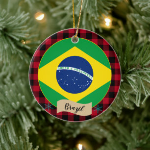 Brazil, Red buffalo plaid & Brazilian Flag Ceramic Ornament
