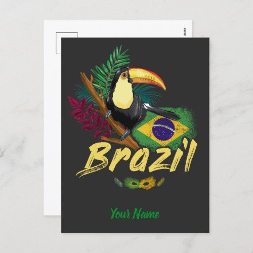 Brazil Vintage Toucan with Flag and Samba mask Holiday Postcard