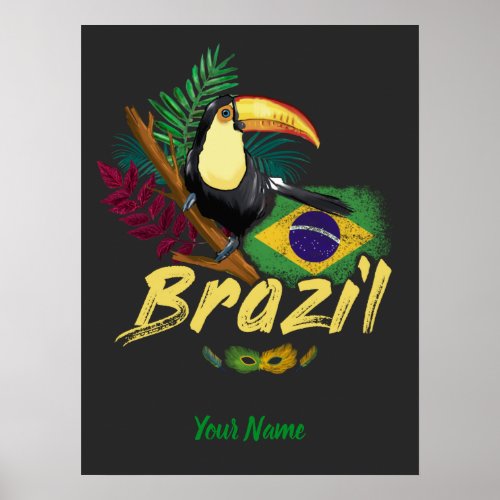 Brazil Vintage Toucan with Flag and Samba mask Poster