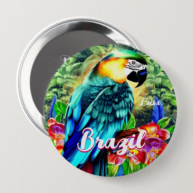 Brazil with Colorful Parrot T-Shirt Button (Front & Back)