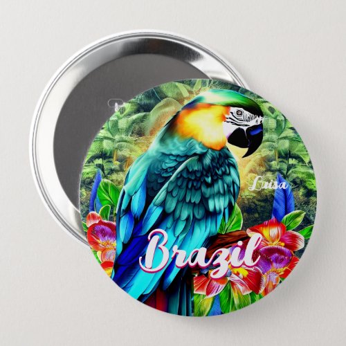 Brazil with Colorful Parrot T_Shirt Button