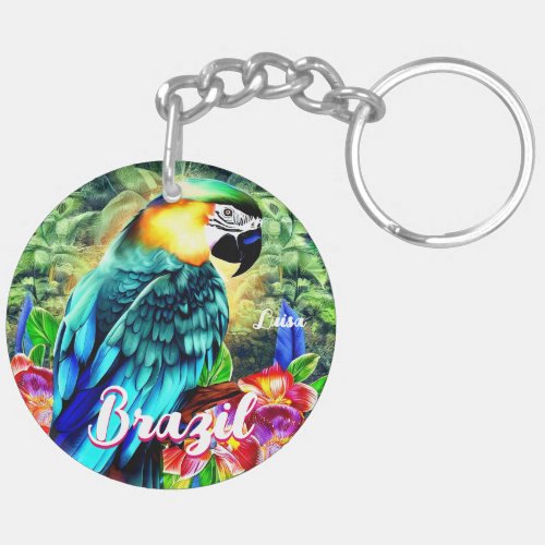 Brazil with Colorful Parrot T_Shirt Keychain