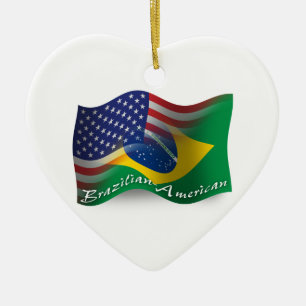 Brazilian-American Waving Flag Ceramic Ornament