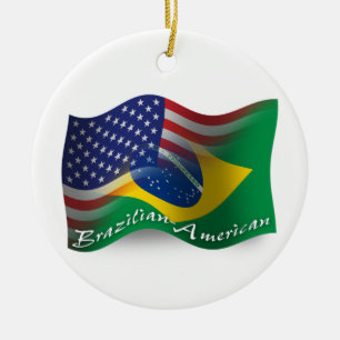 Brazilian-American Waving Flag Ceramic Ornament