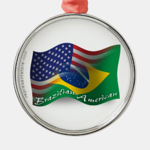 Brazilian-American Waving Flag Metal Ornament
