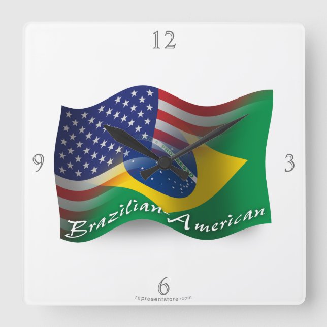 Brazilian-American Waving Flag Square Wall Clock (Front)