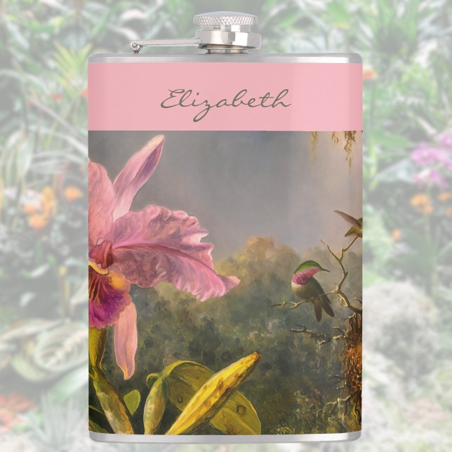 Brazilian Cattelya Orchid Hummingbird Monogrammed Flask (Creator Uploaded)