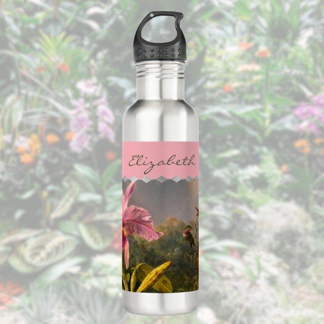 Brazilian Cattelya Orchid Hummingbird Monogrammed Stainless Steel Water Bottle (Creator Uploaded)