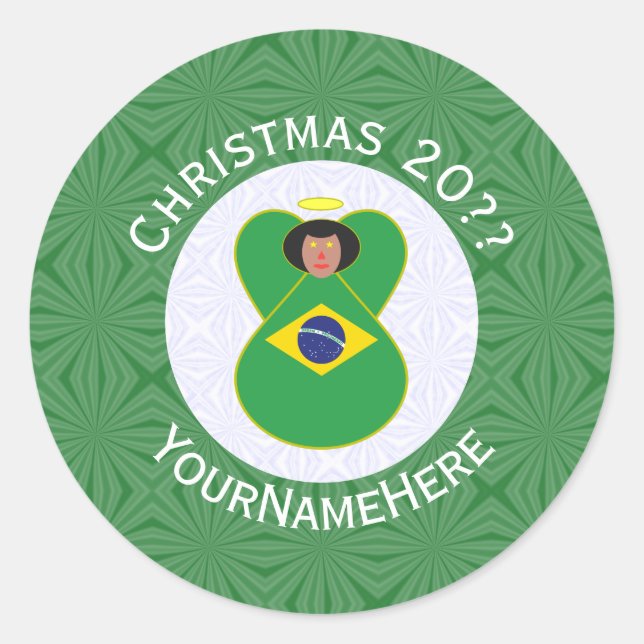 Brazilian Christmas Angel Flag Personalized  Classic Round Sticker (Front)