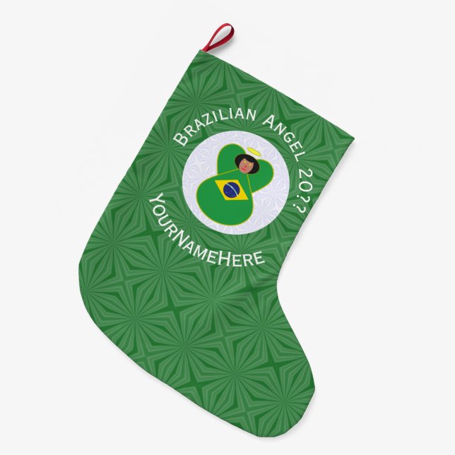 Brazilian Christmas Angel Flag Personalized  Large Christmas Stocking (Front (Hanging))
