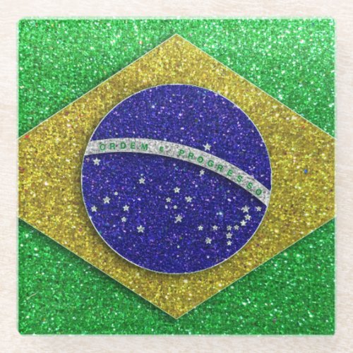 Brazilian Flag of Brazil Rio de Janeiro Glitter Glass Coaster