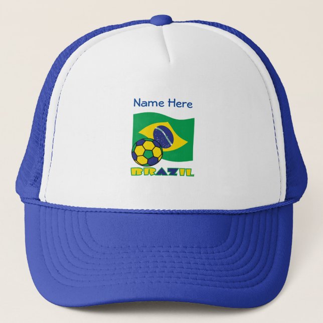 Brazilian Flag Soccer Ball Blue Personalization Trucker Hat (Front)