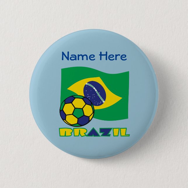 Brazilian Flag Soccer Ball Brazil Blue Personalize Button (Front)