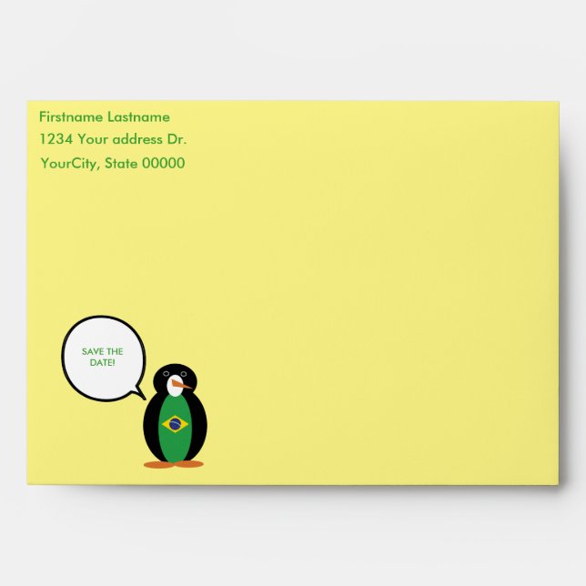 Brazilian Flag Talking Ms Penguin Personalized  Envelope (Front)