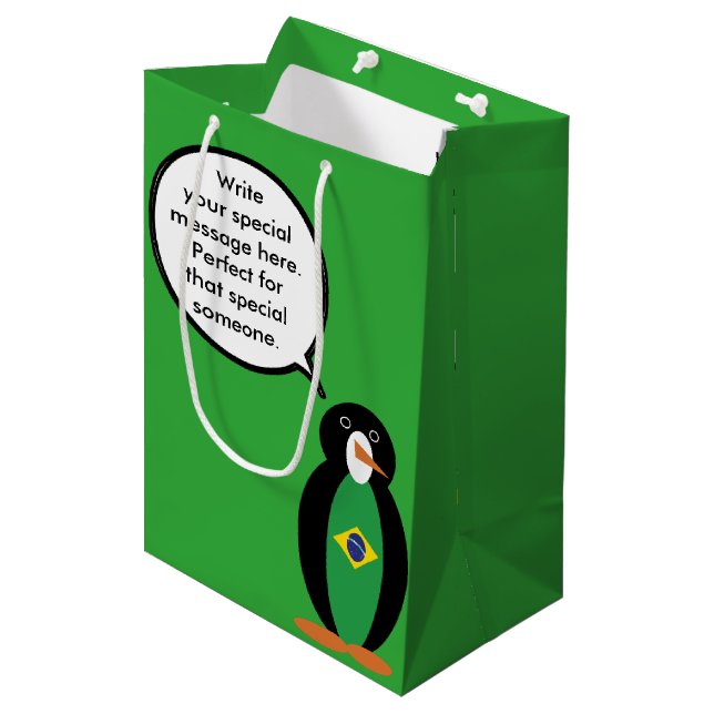 Brazilian Flag Talking Ms Penguin Personalized  Medium Gift Bag (Front Angled)