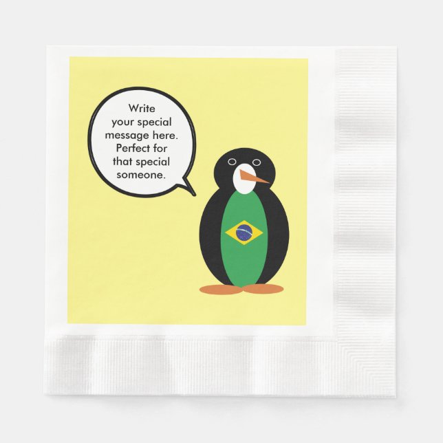 Brazilian Flag Talking Ms Penguin Personalized  Napkins (Front)