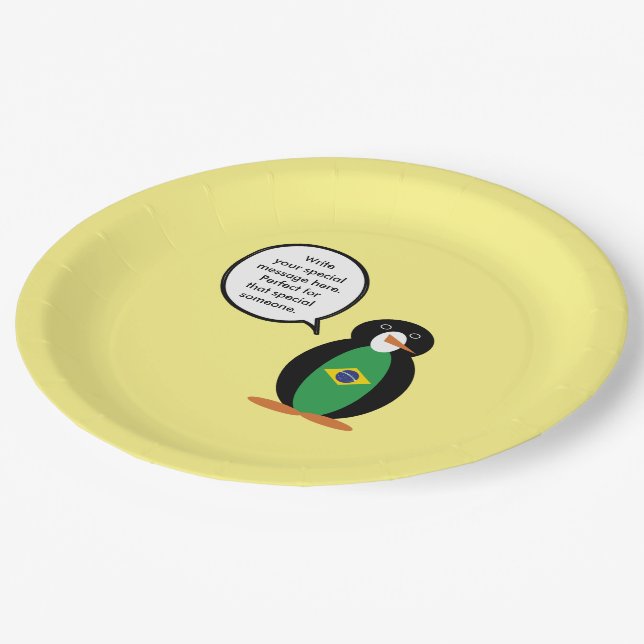 Brazilian Flag Talking Ms Penguin Personalized  Paper Plates (Angled)