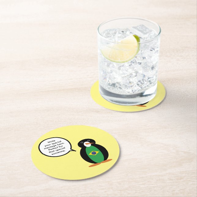 Brazilian Flag Talking Ms Penguin Personalized  Round Paper Coaster (Insitu)