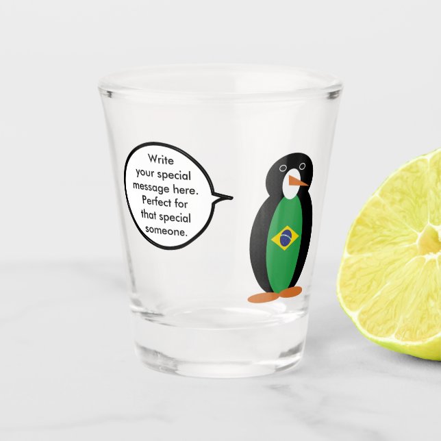 Brazilian Flag Talking Ms Penguin Personalized  Shot Glass (Front)