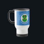Brazilian Hanukkah Angel Flag Personalized  Travel Mug<br><div class="desc">Add your name to a travel mug to personalize, or someone else's for a gift on this Brazilian flag angel for Hanukkah. Background is a white circle of squiggly squares on a background of blue squiggly squares. Change the year to the one you need. Designed to brighten your Hanukkah decor...</div>