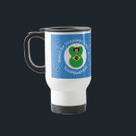Brazilian Hanukkah Angel Flag Personalized  Travel Mug<br><div class="desc">Add your name to a travel mug to personalize, or someone else's for a gift on this Brazilian flag angel for Hanukkah. Background is a white circle of squiggly squares on a background of blue squiggly squares. Change the year to the one you need. Designed to brighten your Hanukkah decor...</div>