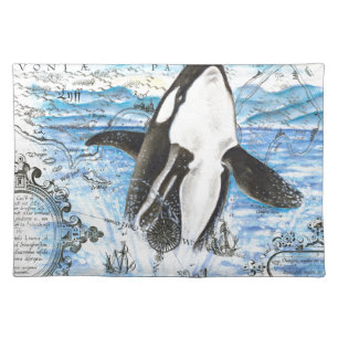 Breaching Orca Ancient Map Cloth Placemat