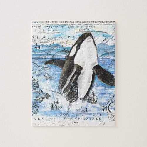 Breaching Orca Ancient Map Jigsaw Puzzle