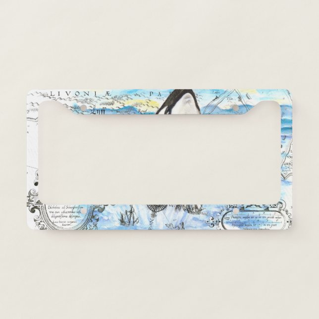 Breaching Orca Ancient Map License Plate Frame (Front)