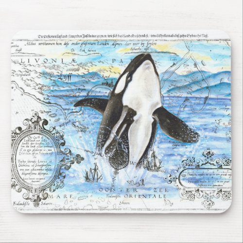 Breaching Orca Ancient Map Mouse Pad
