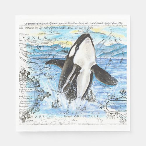 Breaching Orca Ancient Map Paper Napkins