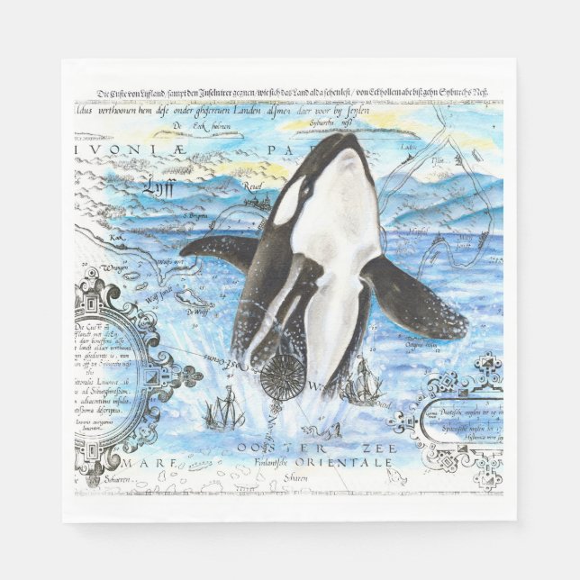 Breaching Orca Ancient Map Paper Napkins (Front)